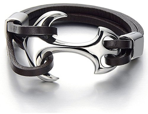 COOLSTEELANDBEYOND Ancre Bracelet en Acier Inoxydable pour Homme - Bracelet en Brun Cuir Homme - Véritable Cuir