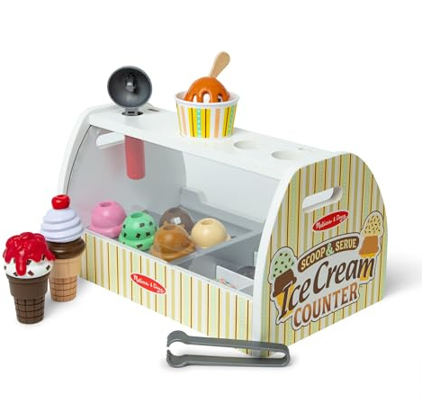 Melissa & Doug Wooden Scoop & Serve Ice Cream Counter, Pretend Play Store, 28 Toy Food & Play Kitchen Accessories, Preschool Toys for Girls & Boys 3+