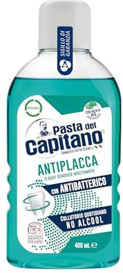 Pasta del Capitano, Antiplaque Mundwasser, Alkoholfreies tägliches Mundwasser, Übt eine effektive Antiplaque-Wirkung aus, Mit antibakterieller Wirkung, 100% Made in Italy, 400 ml Flasche