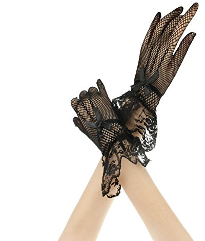 Gants de Mariée Femmes - Mariage, Soirée, Cérémonie, Déguisement - Courtes, Elégantes, Stretch, Fantaisie, Trous, Dentelle avec Nœud Papillon, Résille Poignet - Noir