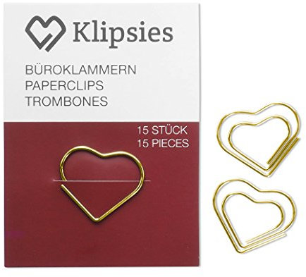 KLIPSIES Herz (Design wählbar) 15 Deko Büroklammern Motiv Heftklammern 1x15 Stück Gold