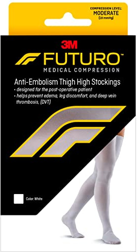 FUTURO Anti-Embolism Thigh Length Stockings, Large Regular, White. Moderate (18 mm/Hg)