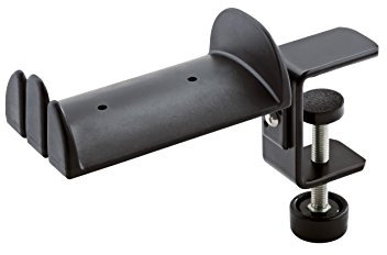 K&M 16090 Soporte para auriculares negro, fabricado en acero - con soporte de plástico para 2 auriculares supraaurales - para fijar sobre un soporte circular