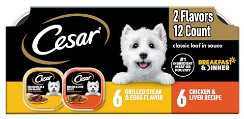 Cesar Classic Loaf in Sauce Adult Wet Dog Food, Breakfast and Dinner with Grilled Steak & Eggs Flavor, and Chicken & Liver Flavor, 3.5 oz. Easy Peel Trays, Variety Pack (12 Count, Pack of 1)
