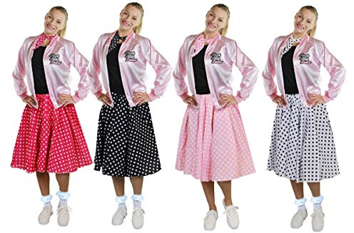 PINK ROCK AND ROLL LADIES JACKET PLUS POLKA DOT SKIRT FANCY DRESS COSTUME - LADIES 60S ROCK AND ROLL MUSICAL FANCY DRESS COSTUME - TWO SIZES & THREE COLOURS