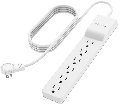 Belkin Surge Protector Power Strip - 6 AC Multiple Outlets - Flat Rotating Plug, 8ft Long Heavy-Duty Extension Cord for Home, Office, Travel, Computer Desktop & Charging Brick - White (720 Joules)