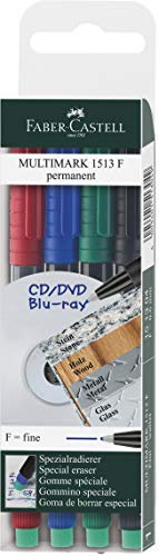 FABER-CASTELL 1513 04 - Marker MULTIMARK permanent, Stärke: F, 4er Etui, Inhalt: je 1x rot, blau, grün, schwarz