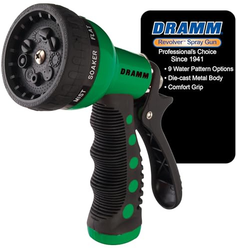Dramm Revolver Heavy Duty Metal Garden Hose Nozzle – 9 Spray Patterns, High Pressure Jet, Thumb-Control Flow, Ergonomic Grip – Green