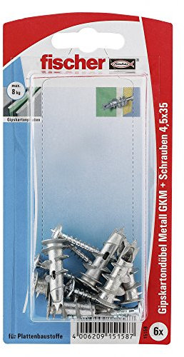 fischer 015158 Gipskartondübel Metall SK SB-Karte, Inhalt Gipskarton-/Gipsfaserplattendübel GKM, 6 x Spanplattenschraube 4,5 x 35, Mehrfarbig