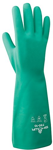 SHOWA 730 Chemical Resistant Gloves, 15-mil Nitrile with Cotton Flock Liner, 13-inch Extended Gauntlet, Bisque Grip, CE Cat III & Food Safe, Green, X-Large, 12-Pack