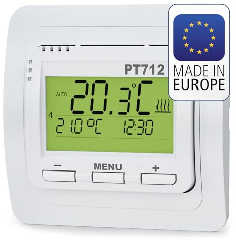 ELEKTROBOCK PT712 Digitaler Raumthermostat 230V - Programmierbarer Wandthermostat mit beleuchtetem LCD Display - Für elektrische Heizungen - Einstellbare Wochenprogramme - Zusatzfunktionen