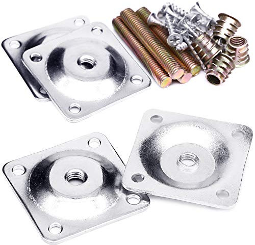 Anwenk Leg Mounting Plates, Furniture Leg Attachment Plates Industrial Strength T-Plate 5/16 (M8) Sofa Legs with Hanger Bolts,Screws,Strengthen Weak Furniture Repair Damaged Sofa Couch Seat,Set of 4