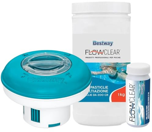 Bestway Nuova Super TRIPLETE Kit Mantenimento acque Piscina, 2019!!! Dispenser + 1 kg PASTIGLIE Tripla Azione+ 50 Strisce Test 3 Funzioni Cloro, PH e Alcalinità