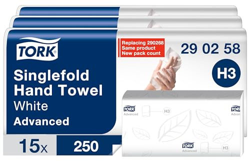 Tork weiche Zickzack Papierhandtücher weiß H3, Advanced Falthandtücher für Papierhandtuchspender, saugfähig und reißfest, groß, 2-lagig, 15 x 250 Tücher, 290258