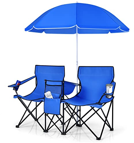 COSTWAY Double Portable Picnic Chairs, Folding Camping Chairs w/Detachable Umbrella, Cooler Bag, Cup Holders, Patio Beach Camping Chairs for Outdoors, Blue