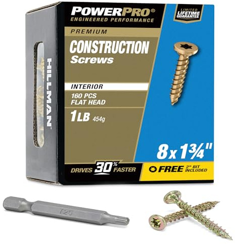 Power Pro Premium Exterior Wood Screws, #8 x 1-3/4Inch All-Purpose Deck Screws for Outdoor Projects, T-25 Star Bit Included, Gold, 160 Pieces | 48580V4
