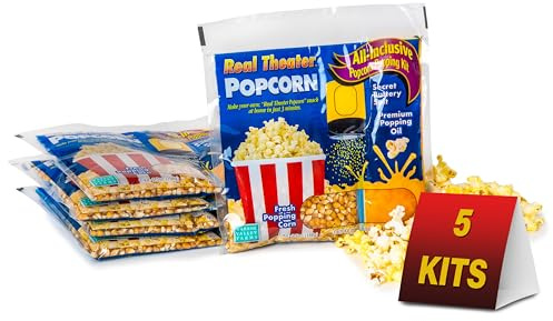 Wabash Valley Farms Real Theatre Popcorn Packs — Gourmet Kernel Kit for Popcorn Machines, Stovetop Poppers, and At-Home Movie Night Snacking — Perfect for Use with The Original Whirley Pop — 5 Pack