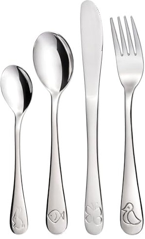 GRÄWE Kinderbesteck Set mit Tiermotiven, 4-teilig, Edelstahl poliert, spülmaschinengeeignet für Jungen und Mädchen, Geschenk zur Taufe