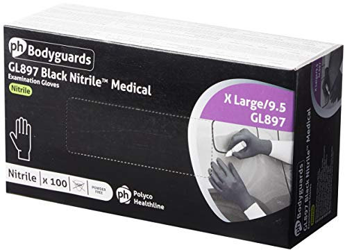 Bodyguard GL8975 Nitrile Disposable Gloves, Powder Free, Size XL, Black, 100 Pieces