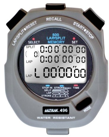 Ultrak 496 500-Lap Stopwatch, Dual-Split Memory Sports Timer with LCD Display, Water-Resistant, Stroke Rate & Countdown, Long-Life Battery