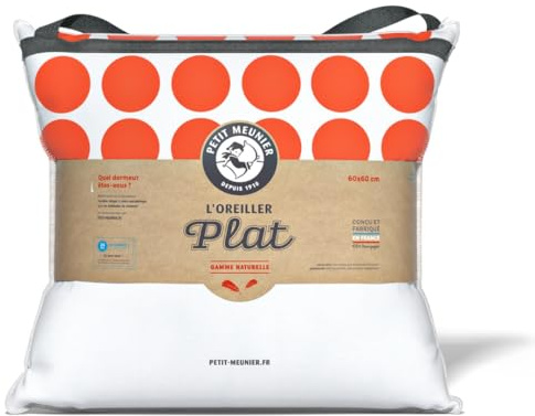 Petit meunier - Le Souple Naturel - Oreiller 60x60cm - Maintien Cervical - 10% Duvet 90% Plumette - Souple - Dormir sur Le Dos - Anti Transpirant - Thermorégulateur - Fabriqué en France - Oeko-TEX