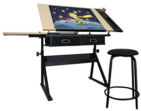 MIADOMODO® Zeichentisch - mit Hocker, Höhenverstellbar, Neigbar, 115 x 60 cm, 2 Schubladen, Holz, Schwarz - Schreibtisch, Arbeitstisch, Architektentisch, Tisch für Künstler, Architekten