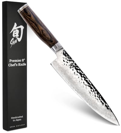 Shun Premier 8 Chef's Knife, Handcrafted Japanese Kitchen Knife for Professional and Home Chefs, VG-MAX Core with Damascus Stainless Steel Cladding, Pakkawood Handle