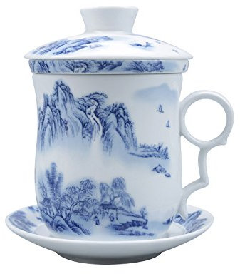ufengke-ts Chinesische Landschaftsmalerei Keramik Tee Tassen, Jingdezhen Blau Und Weiß Porzellan Tee Becher Set Mit Filter Und Untertasse, Für Geschenk Und Haushalts-Büro, 300Ml