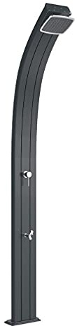 Doccia a riscaldamento solare Arkema A120/7016 Spring Antracite Doccia solare dal design curvo totalmente in alluminio con trattamento anticorrosione Verniciata a polvere Serbatoio con capacità di 30 lt Altezza 224 cm Peso 15kg Con miscelatore e lavapiedi