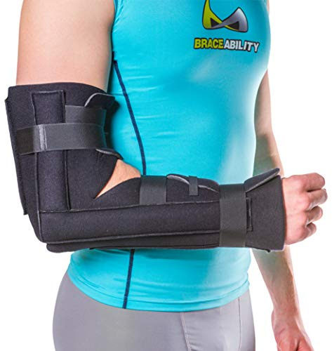 BraceAbility Elbow Immobilizer Brace | Removable Long Arm Cast and Soft Forearm Orthosis Splint for Broken Supracondylar, Distal Humerus, Proximal Ulna Fracture or Olecranon Bursitis (S/M)