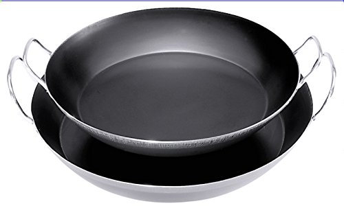 Paella-Eisenpfanne aus gebläutem Stahl, Materialstärke 1,5 mm, Griffe ungeschwärzt, induktionsgeeignet | ERK (A4 - Ø 60 cm)