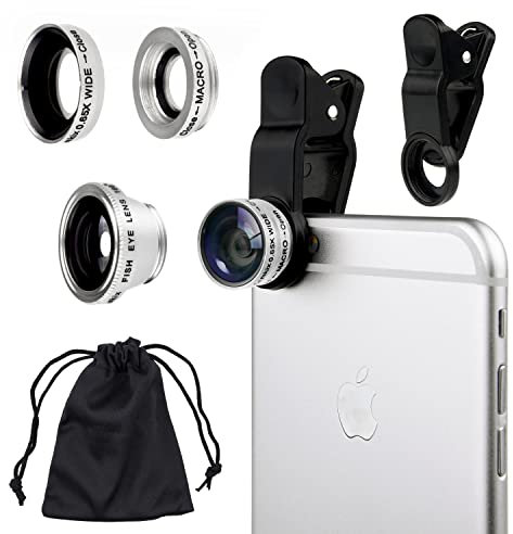 Universal 3 in1 Camera Lens Kit for Smart phones includes One Fish Eye Lens/One 2 in 1 Macro Lens and Wide Angle Lens/One Universal Clip/One Microfiber Carrying Bag
