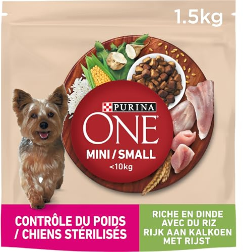 PURINA ONE | MINI | CONTRÔLE DU POIDS | Croquettes pour Chien Adulte de Petite Taille Peu Actif ou en Surpoids, <10 Kg | Faible en matières grasses | A la Dinde | Sac | Lot de 6 x 1,5 Kg