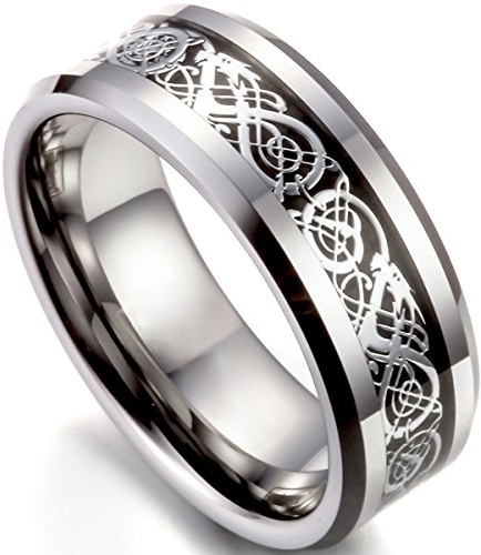 Flongo Herrenring Männer Ringe Bandring Daumen Ring Siegelring Wolfram Wolframcarbid Silber Schwarz Irish Celtic Knot Irischen Keltisch Knoten Drachen Herren-Accessoires, Größe 76