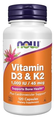 NOW Supplements, Vitamin D-3 & K-2, 1,000 IU/45 mcg,Plus Cardiovascular Support*, Supports Bone Health*, 120 veg Capsules