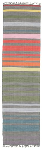 RugVista Rainbow Stripe, Teppich, Kelim Modern, 80 x 300 cm, Rechteckig, Mittlerer Stapel, Wohnzimmer, Esszimmer, Schlafzimmer, Küche, Diele, Nur chemische Reinigung, Care & Fair Zertifiziert, Grau