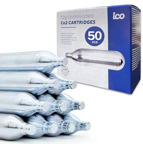 ICO Lot de 50 Cartouche CO2 12g Non Filetées, Recharges de Gaz Airsoft Standard pour Équipements de Loisir, Airsoft et Paintball, Performance et Pression Constante