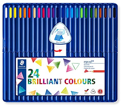 STAEDTLER Buntstifte ergo soft, erhöhte Bruchfestigkeit, dreikant, ABS-System, rutschfeste Soft-Oberfläche, 24 Buntstifte in sortierten Farben in der aufstellbaren STAEDTLER-Box, 157 SB24