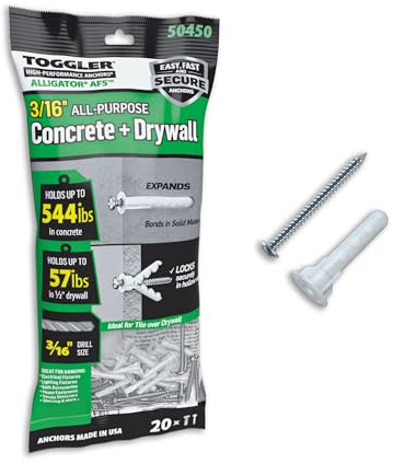 TOGGLER Alligator AF5 Flanged Polypropylene Anchors, Heavy Duty Wall Anchors for Concrete, Brick, Stone & Drywall, Fits #4–#9 Screws 3/16 Size, 75 lb in 1/2 Drywall (Pack of 20 with Scews)