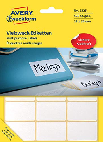 Avery Zweckform 3325 Haushaltsetiketten selbstklebend (38x24mm, 522 Aufkleber auf 29 Bogen, Vielzweck-Etiketten für Haushalt, Schule und Büro zum Beschriften und Kennzeichnen) blanko, weiß