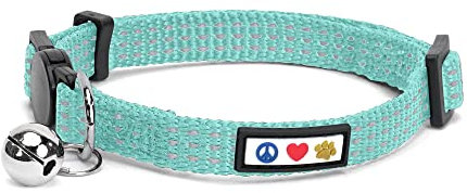 Pawtitas Reflective Teal Cat Collar with Safety Buckle and Removable Bell for Kitten and Cats