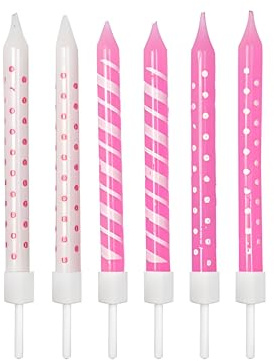 Anniversary house Birthday Candles Set of 12 - Polka Dot and Stripe Light Pink and White with Holders - Printed Party Cake Toppers and Decorations
