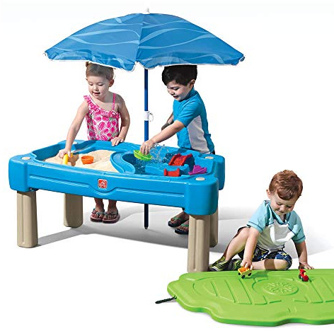 Step2 Cascading Cove Mesa de Agua y Arena Infantil en Azul | arenero para niños de plástico | Caja / Cajas de Arena con Tapa, Parasol y 6 Accesorios | Juguetes Jardin / Exterior