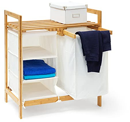 Relaxdays - cesto para la Colada de bambú, Estante y 3 Compartimentos, Aprox. 40 L, de Tela Blanca, 77 x 69,5 x 36 cm