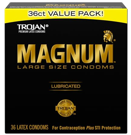 TROJAN Magnum Lubricated Large Condoms, Comfortable and Smooth Lubricated, America’s Number One Condom, 36 Count Pack