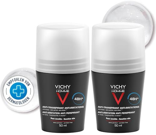 Vichy Homme Anti-Transpirant 48H Roll-On für empfindliche Haut, Deo-Roll-on für Männer, Hautberuhigend und geruchshemmend, mit Oligo-Zink und Thermalwasser aus Vichy, Für empfindliche Haut, 2x50 ml