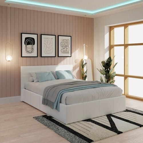 GFW Classic Leather Upholstered Ottoman Storage Bed With Gas Side Lift & Under Bed Storage, King, White