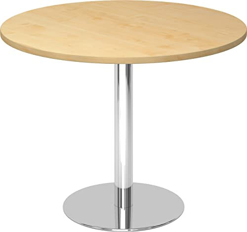 bümö Besprechungstisch, Esstisch klein, Tisch rund 100 cm - Kleiner Esstisch Ahorn, Rundtisch Esstisch 2 Personen mit Holz-Platte, Säule aus Metall verchromt, Konferenztisch, Bistrotisch