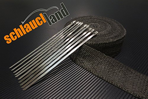 Schlauchland 10m Keramik Hitzeschutzband 50mm schwarz 1200°C + 10 Kabelbinder *** Heat Wrap Auspuff Hitzeschutz Krümmer Isolierband Wärmeschutz