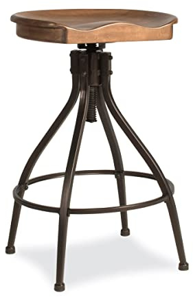Hillsdale Worland Backless Metal Adjustable Height Stool with Wood Saddle Seat, Brown